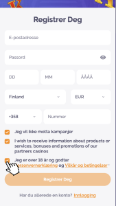 Godta vilkår og valgfrie meldinger